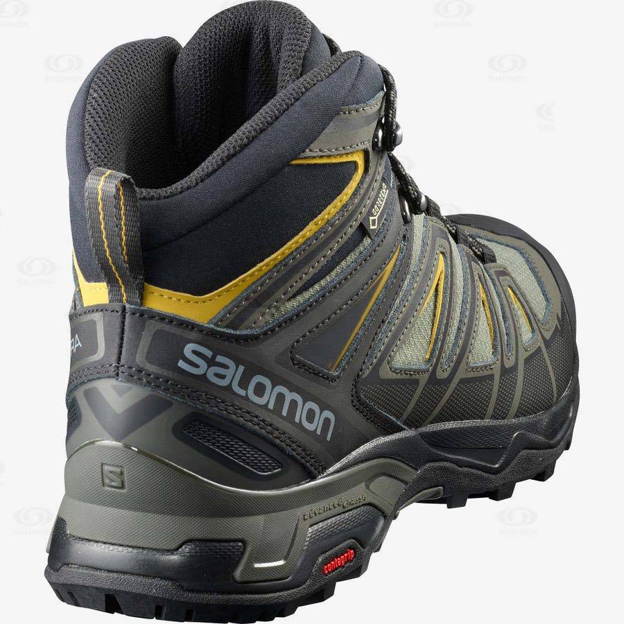 Grey / Black / Green Men's Salomon X ULTRA 3 WIDE MID GORE-TEX Hiking Boots | USA-L2411