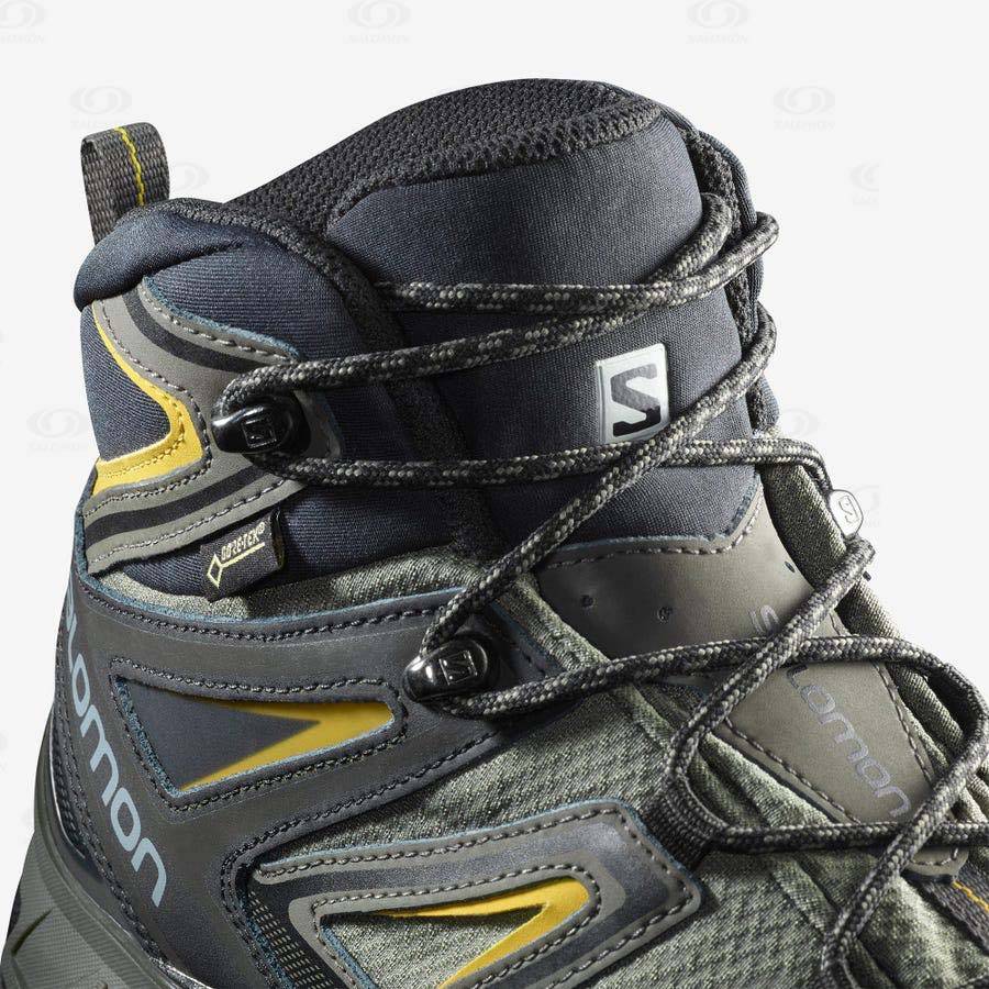 Grey / Black / Green Men's Salomon X ULTRA 3 WIDE MID GORE-TEX Hiking Boots | USA-L2411