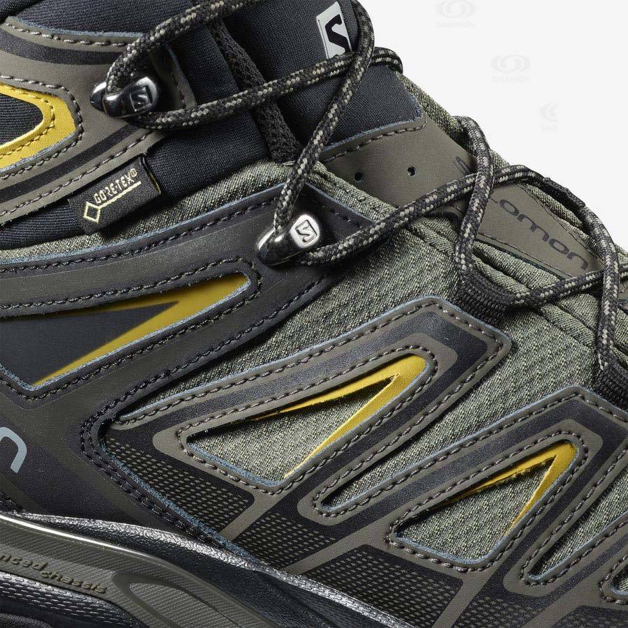 Grey / Black / Green Men's Salomon X ULTRA 3 WIDE MID GORE-TEX Hiking Boots | USA-L2411