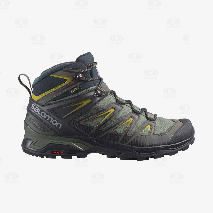 Grey / Black / Green Men\'s Salomon X ULTRA 3 WIDE MID GORE-TEX Hiking Boots | USA-L2411