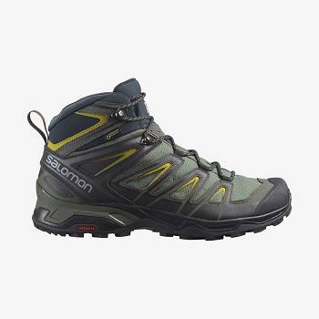 Grey / Black / Green Men's Salomon X ULTRA 3 WIDE MID GORE-TEX Hiking Boots | USA-L2411